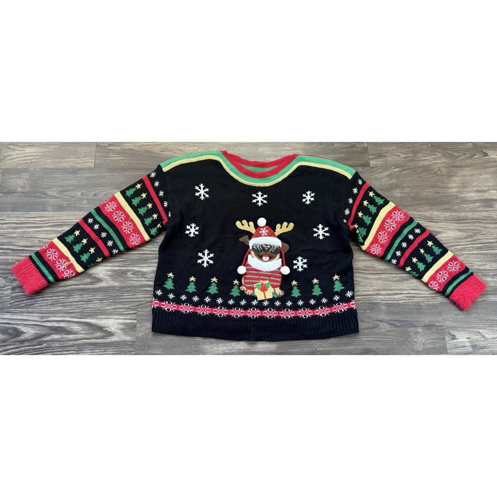 Women's Blizzard Bay Pug Dog Ugly Christmas Tree Holiday Sweater Large Snowflake